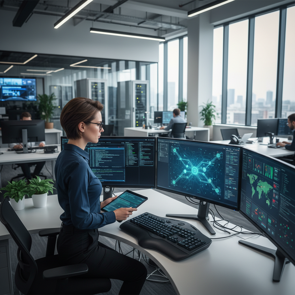 Especialista en ciberseguridad evaluando vulnerabilidades en infraestructura digital de empresa logística