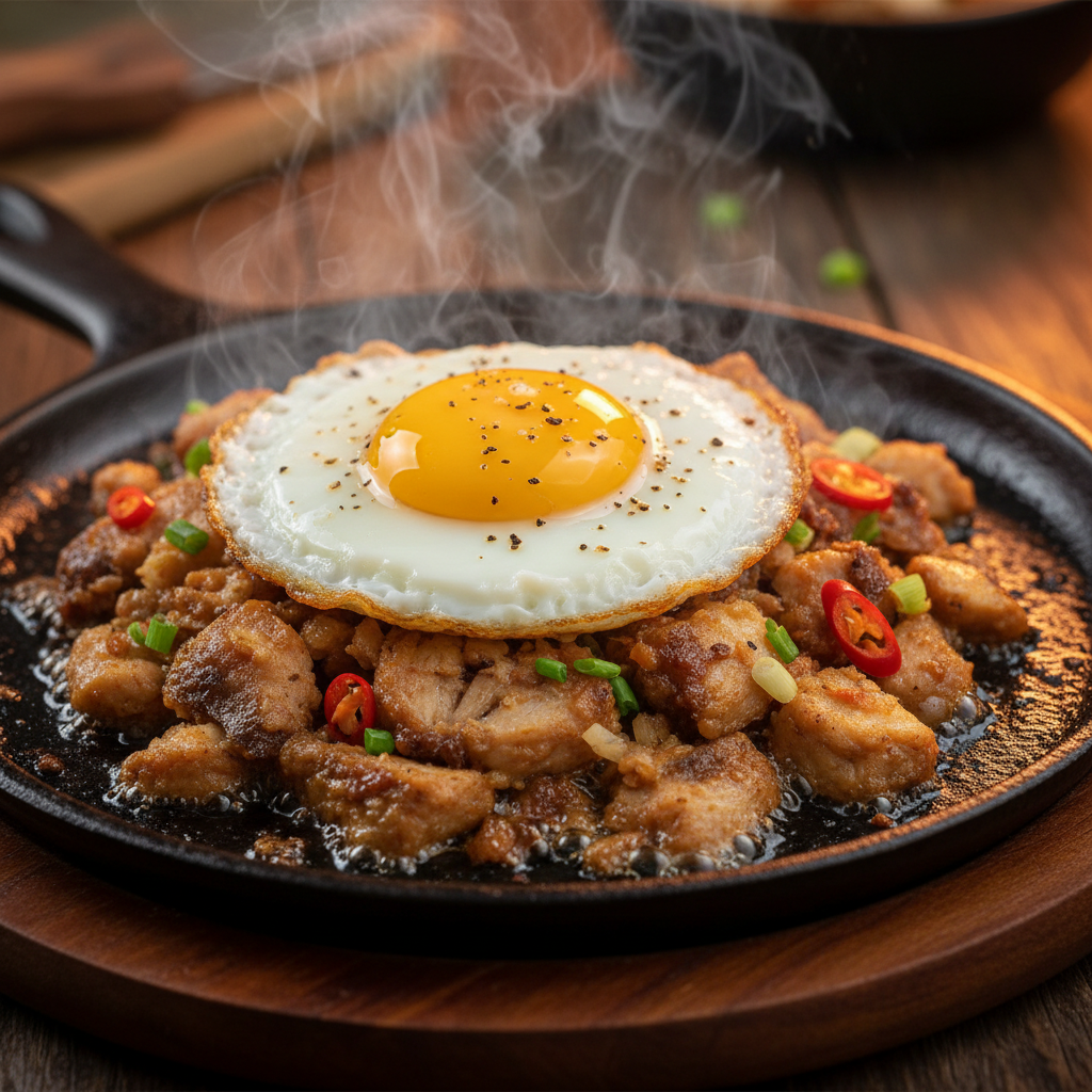 Sizzling pork sisig on a hot iron plate with steam rising, lime wedges on the side, dark warm background