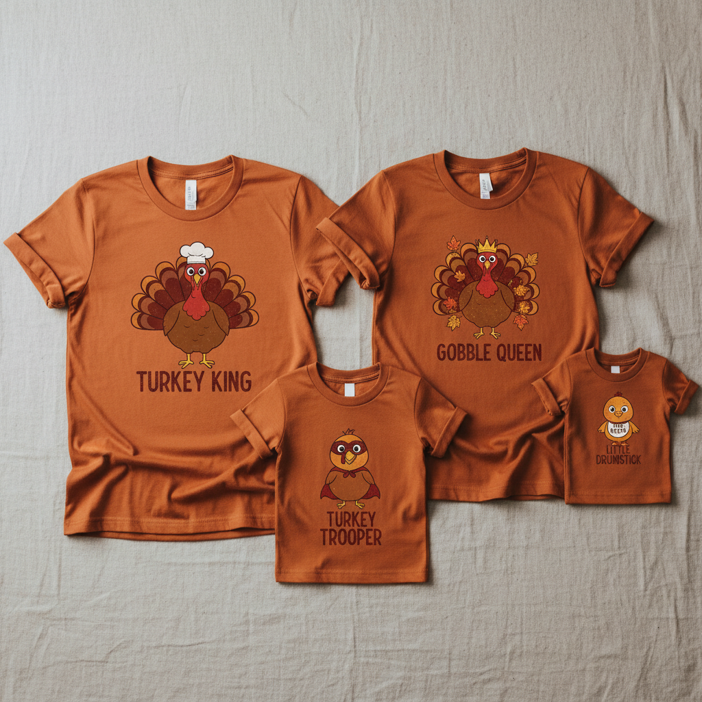 Four turkey-themed matching shirts in different sizes for family