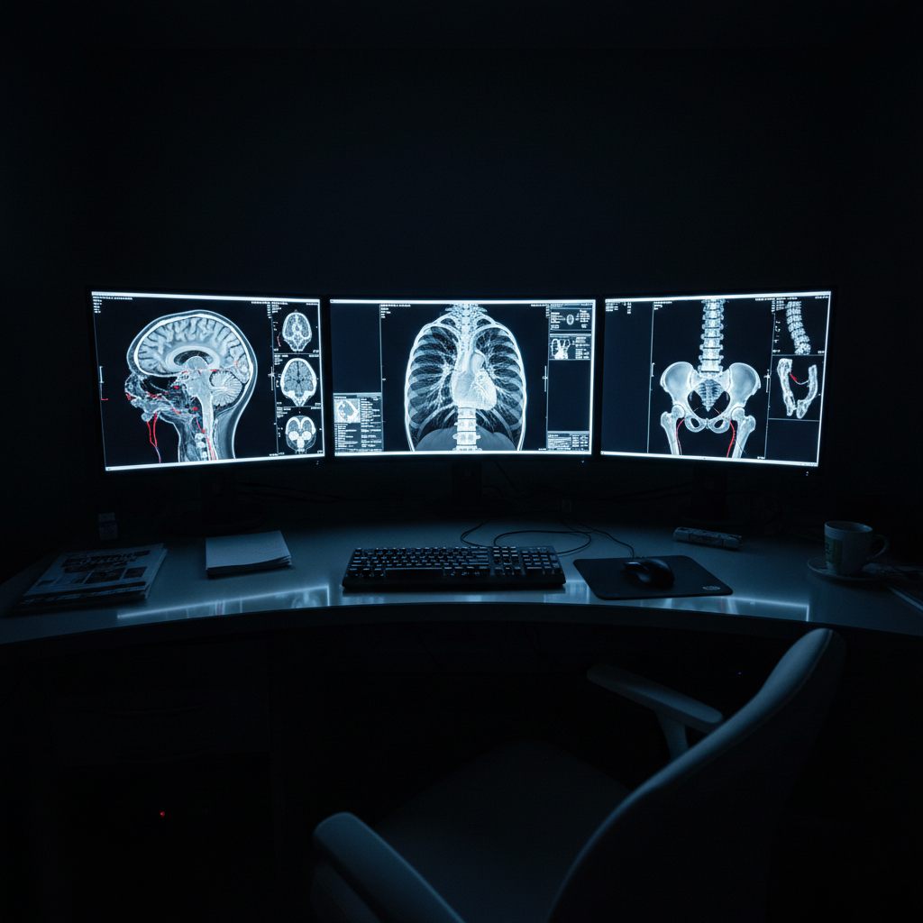 Dark medical imaging interface with glowing scan overlays and deep shadows on black background