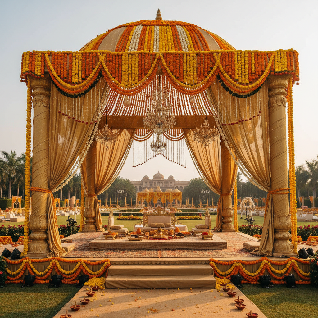 Decorated wedding mandap with marigold garlands and golden draping in a grand indoor hall