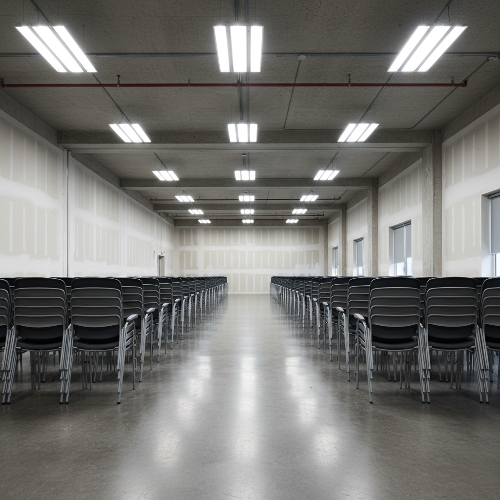 Empty corporate conference hall with fluorescent lighting, stacked chairs, and bare walls before event decoration