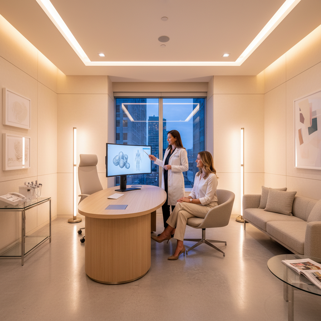 Elegant medical consultation room with warm lighting for cosmetic surgery planning
