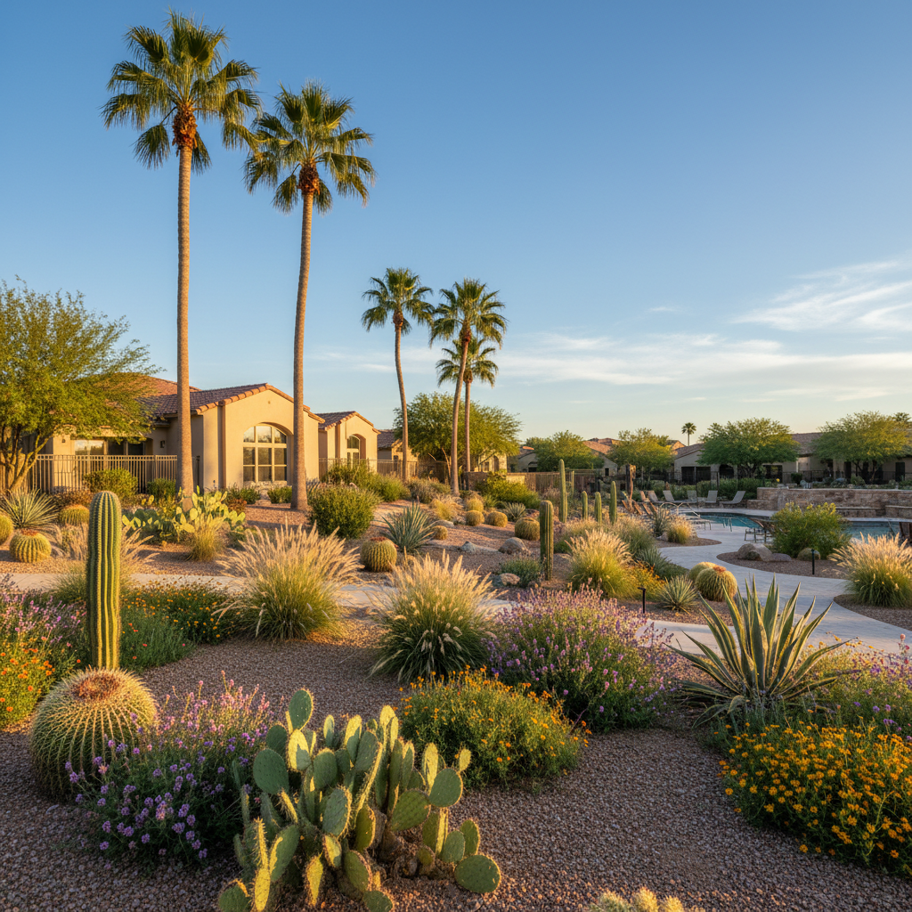 Well-maintained HOA community with healthy green drought-tolerant landscaping, palm trees, and clean hardscape in warm Arizona light