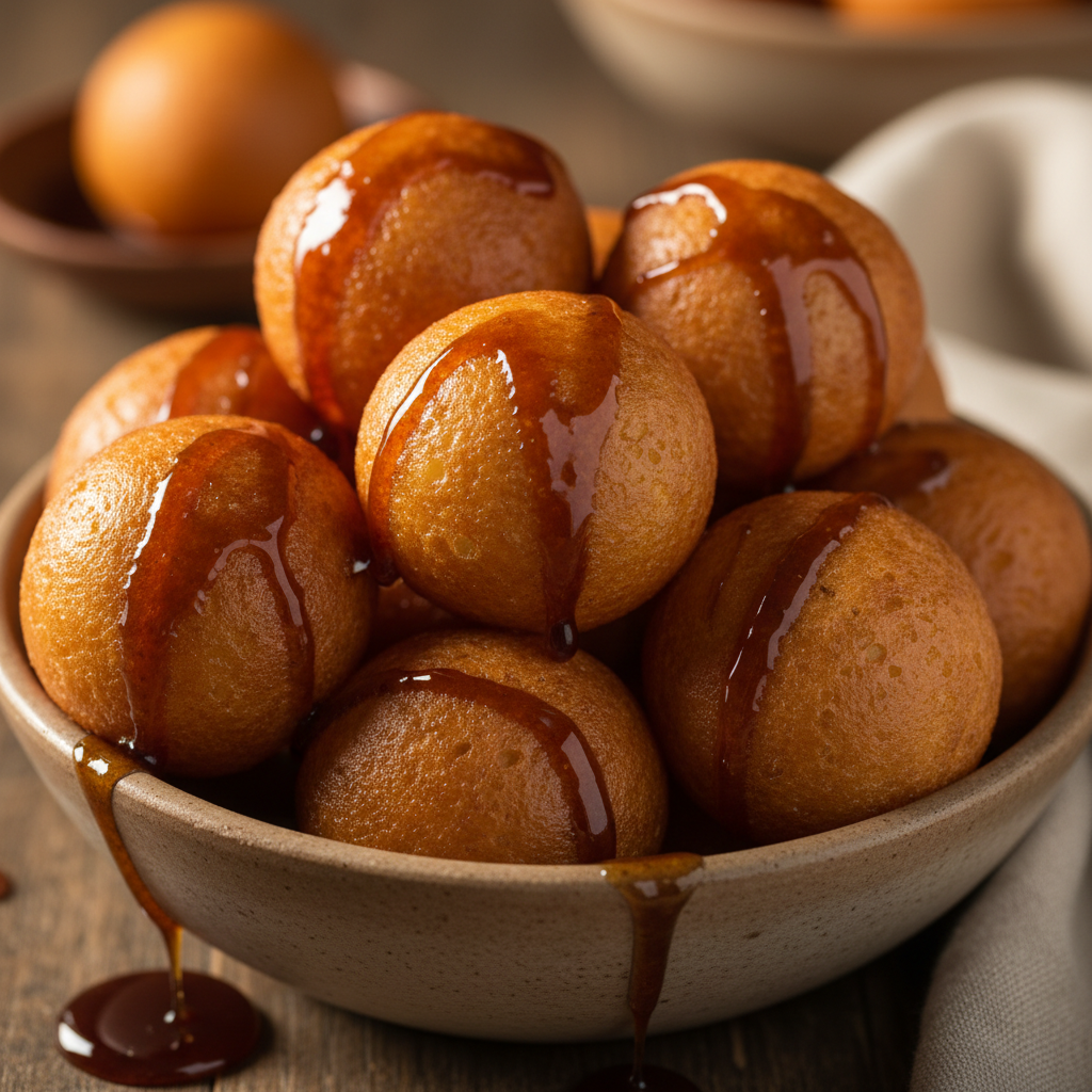 Golden luqaimat dough balls drizzled with dark date molasses