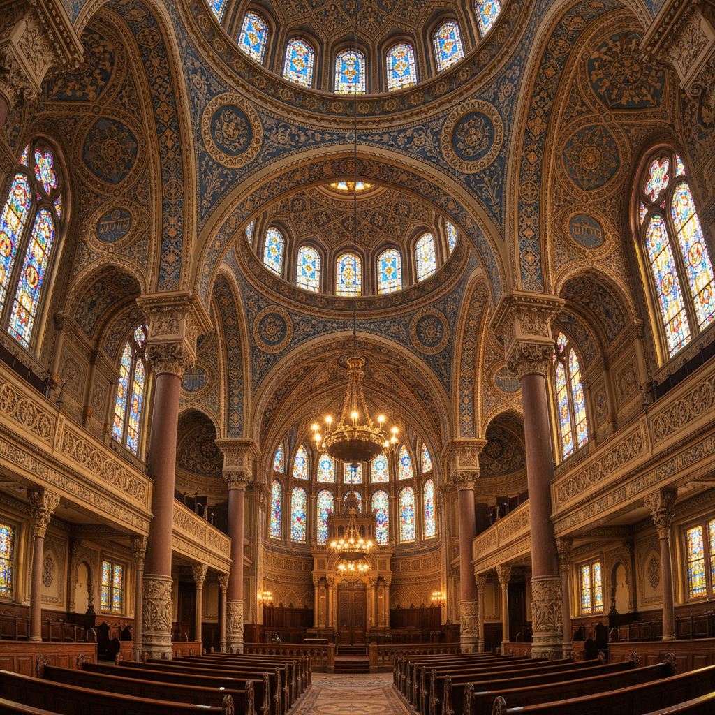 Ornate Budapest synagogue interior with warm golden lighting and decorative architecture at night
