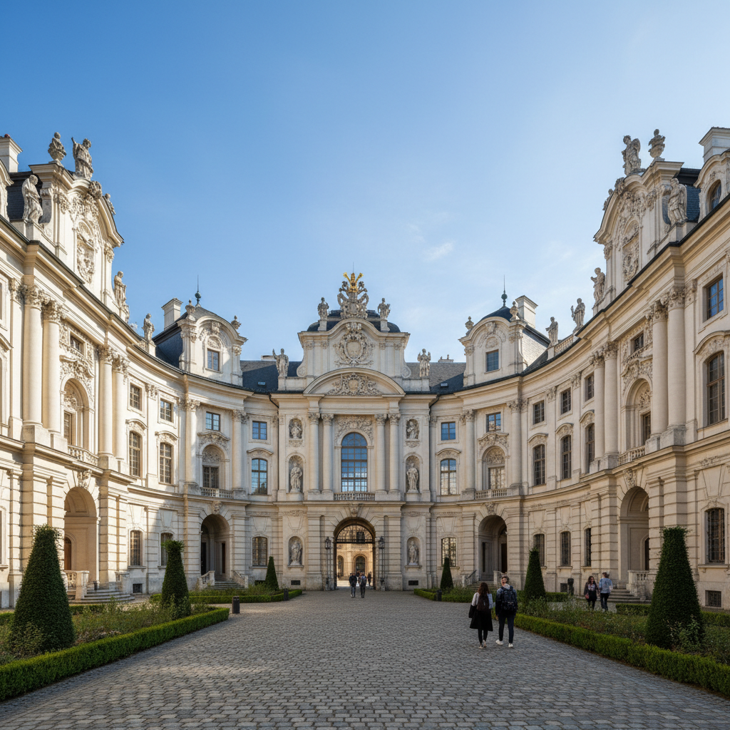 French university courtyard with stone architecture and students walking in warm afternoon light, bright open atmosphere