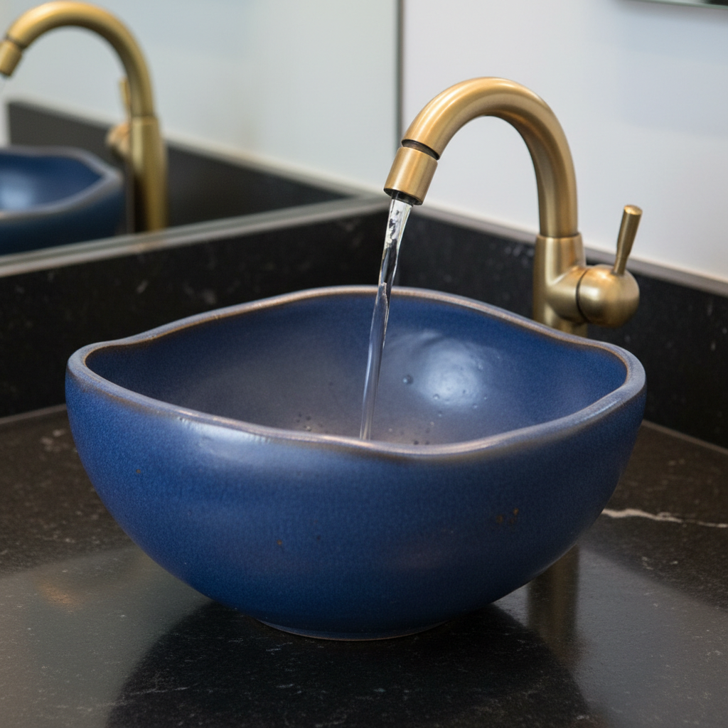 Close-up of hand-thrown ceramic vessel sink with custom brass spout on dark quartzite vanity top