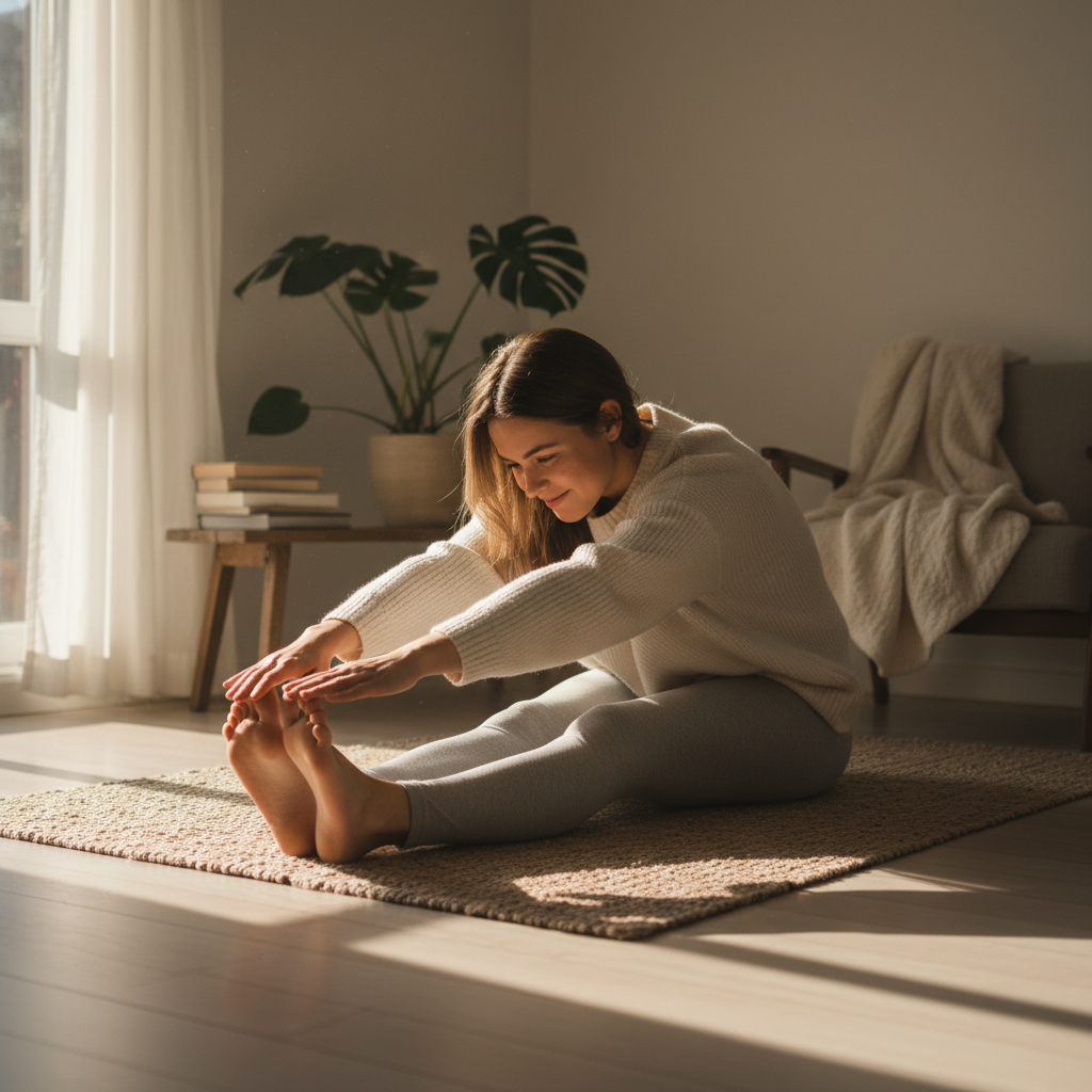 Person doing seated gentle stretching exercises at home with morning light
