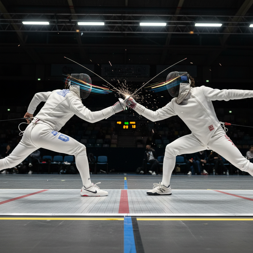 Two fencers mid-fleche at piste level — blade contact millisecond, masks reflecting strip lights, motion blur on jackets
