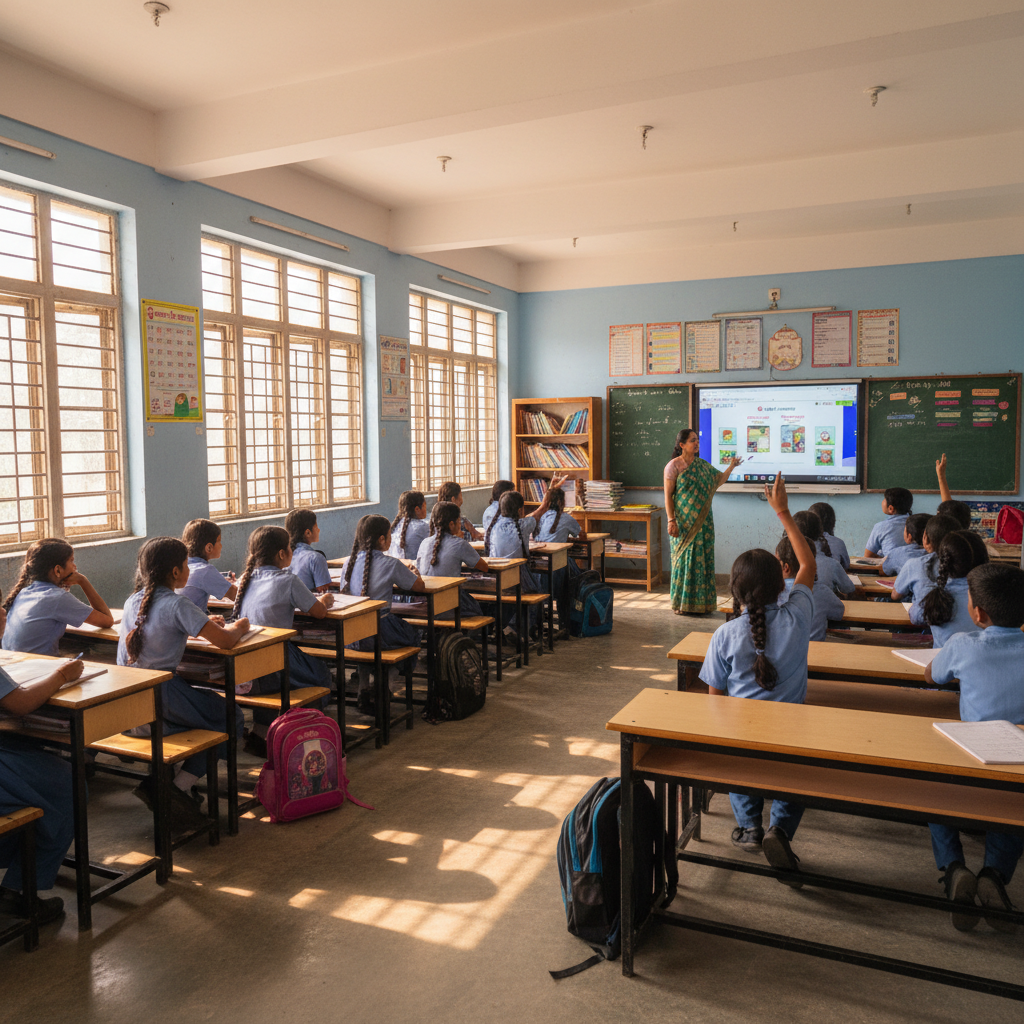 Giảng viên dùng bảng tương tác thông minh trong lớp học, sinh viên chú ý lắng nghe, ánh sáng tự nhiên