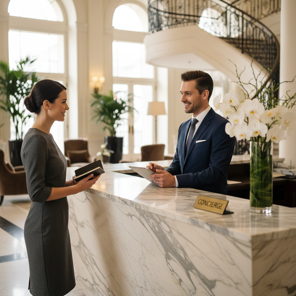 Luxury hotel concierge desk with fresh flowers, bright marble interior, natural daylight, elegant white decor