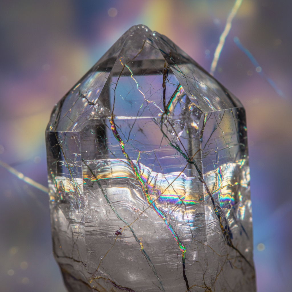Macro quartz crystal with polarized light showing internal growth striations and mineral veins