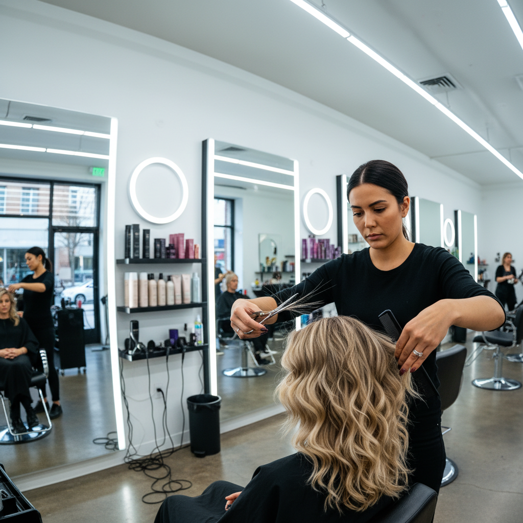 Professional female hairstylist styling a woman's hair in a modern ladies salon