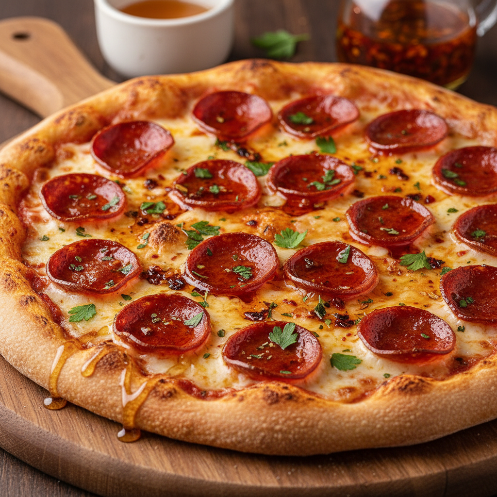 Loaded pepperoni pizza with honey drizzle and chili oil on dark stone surface
