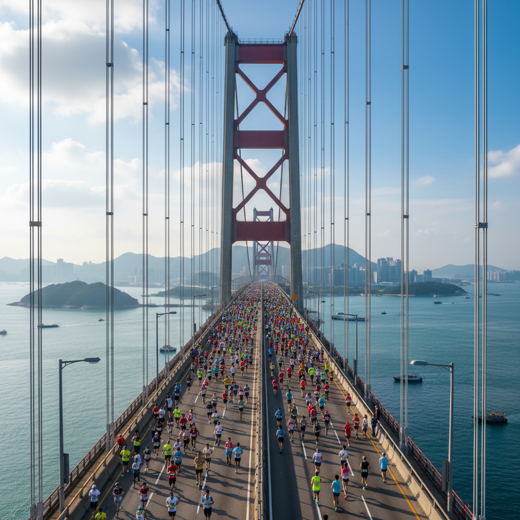 Runners crossing the Tsing Ma Bridge during Hong Kong Marathon with suspension bridge cables above