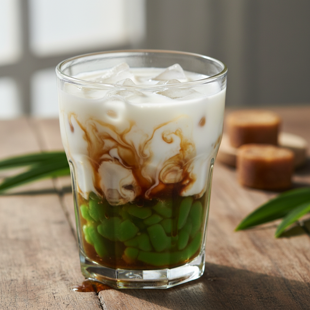 Bowl of cendol with green pandan jelly, shaved ice, coconut milk and dark palm sugar syrup