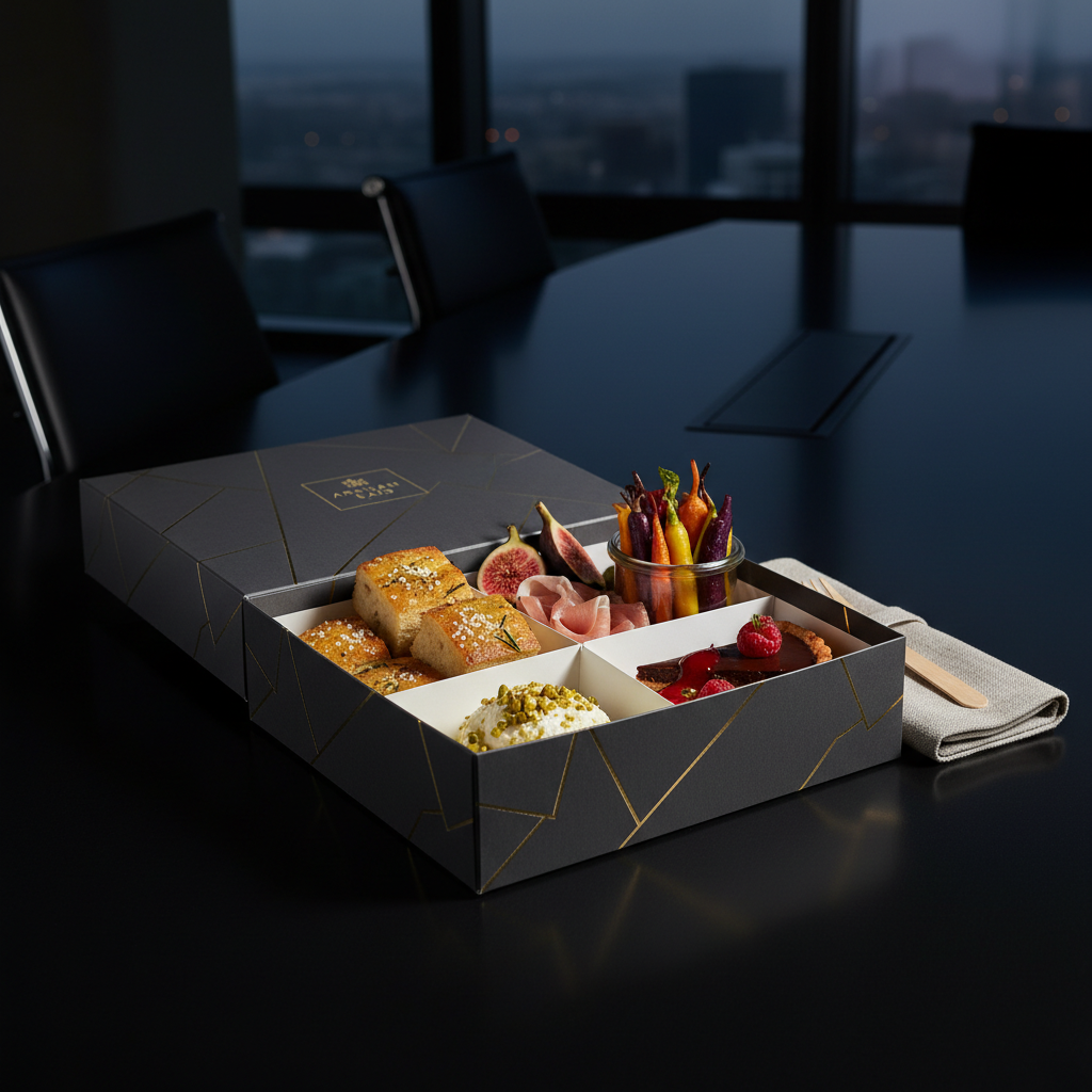 Gourmet box lunch with artisan ingredients and elegant packaging in dim corporate setting