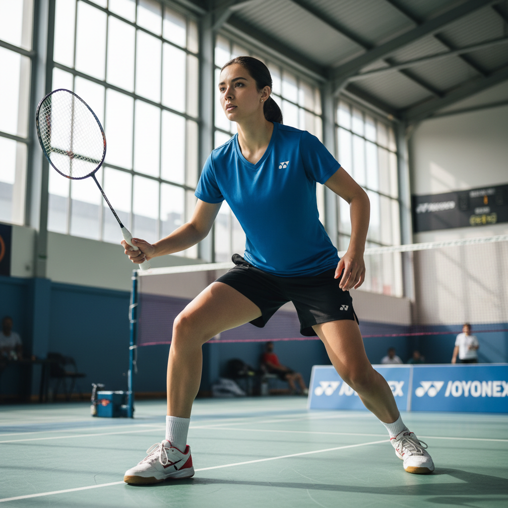 Female badminton coach with racket ready to demonstrate footwork technique