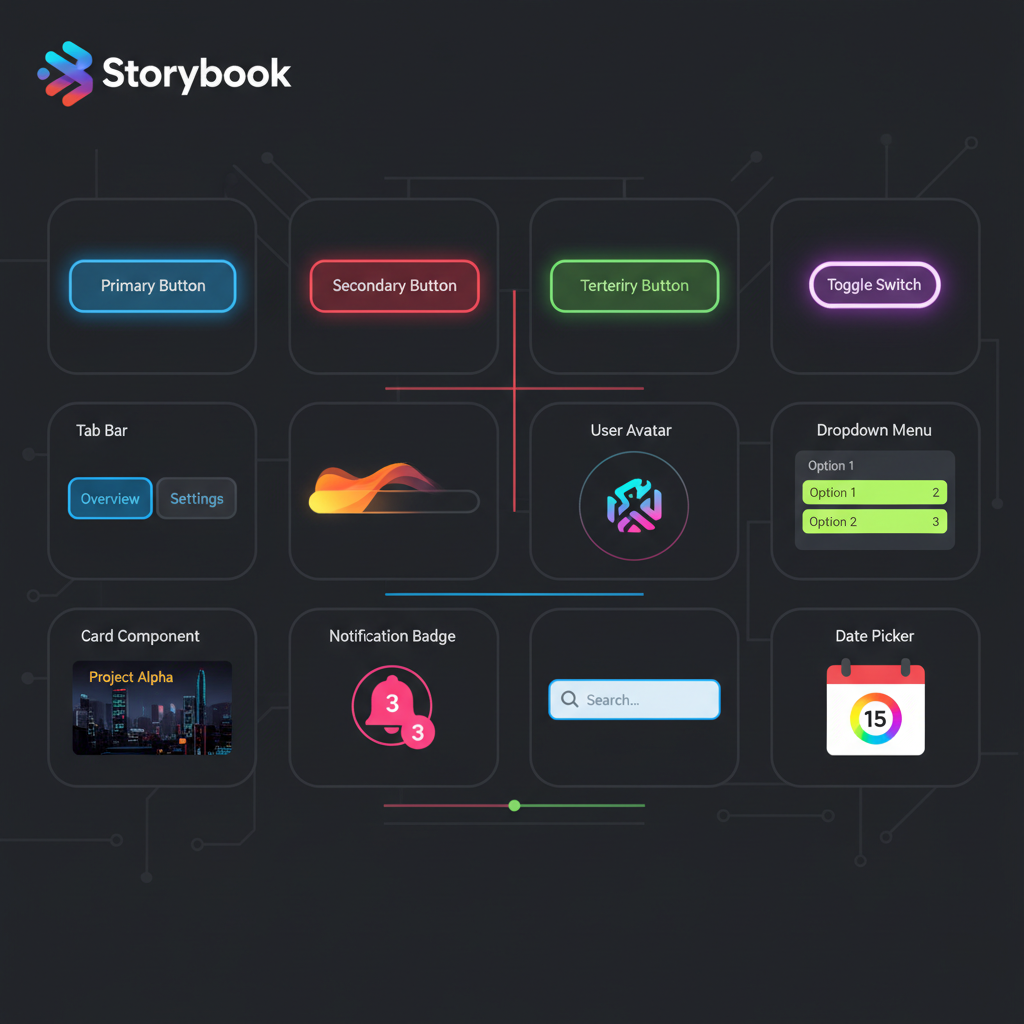 Colorful UI component grid on dark screen, vibrant purple and teal palette, deep studio shadows