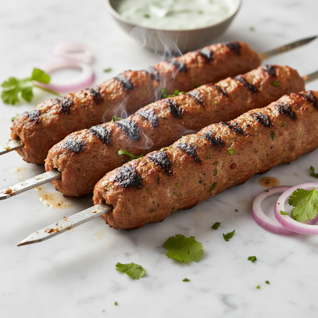 Chef hands working seekh kebab on iron skewer over charcoal