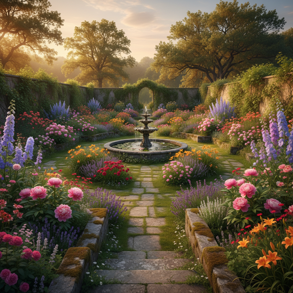 Lush established garden in full summer bloom showing mature perennial plantings, stone terraces, and evening lighting at golden hour
