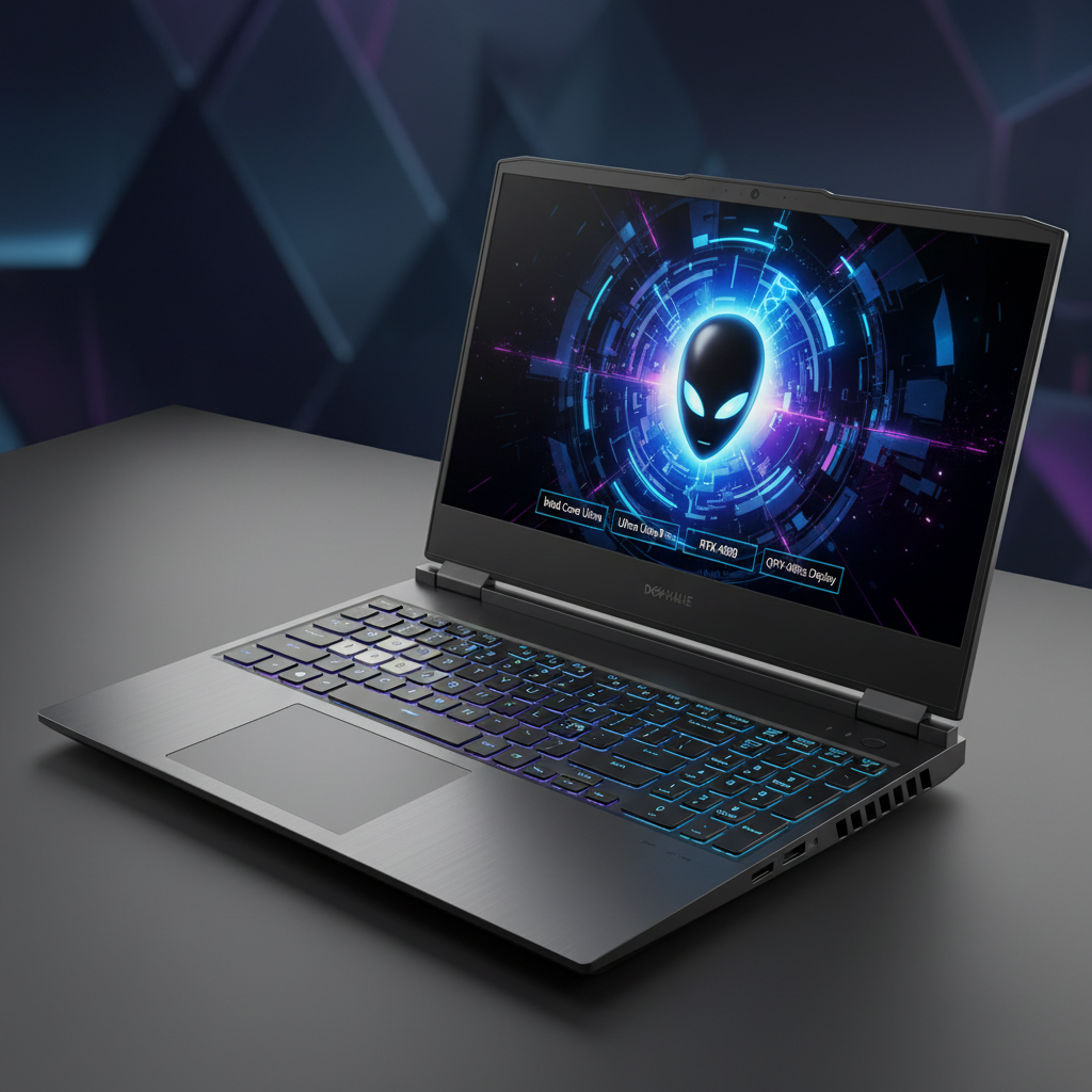 Miniature 4 - Gaming laptop open on dark desk with bri