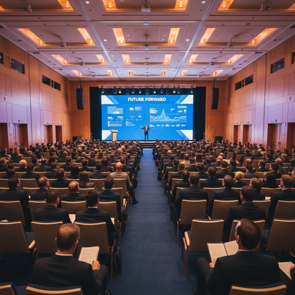 Corporate conference hall with professional stage setup, large LED screen, and rows of attendees under dramatic stage lighting