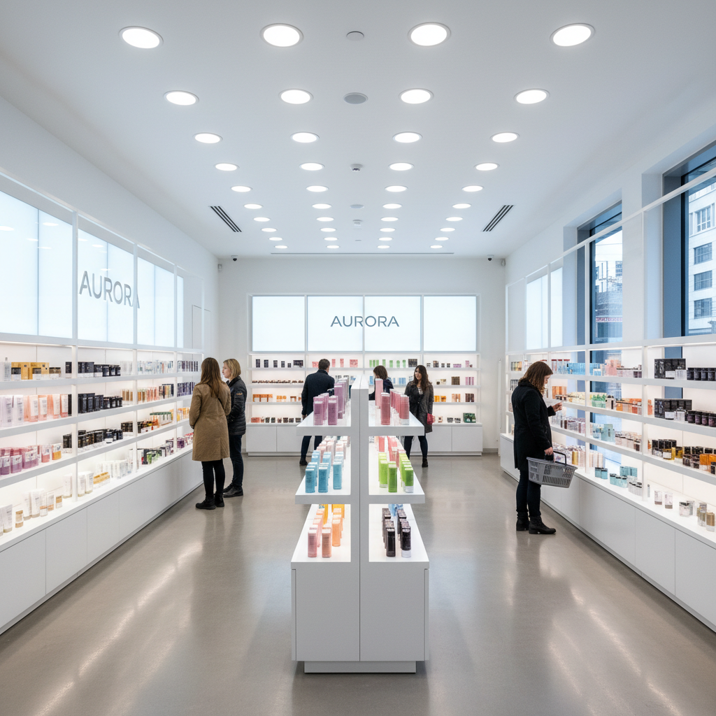 Modern retail store interior with colorful products displayed on shelves