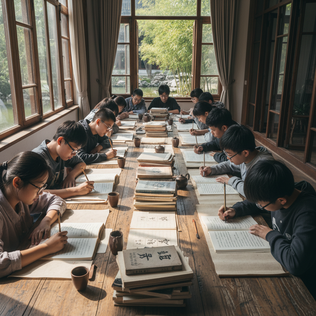 Secondary school students studying Chinese literature at a long table