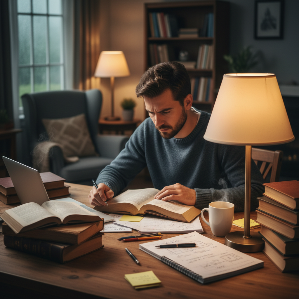 High school student writing essays at a desk, focused concentration, personal statement documents visible, warm study lamp lighting, determined expression