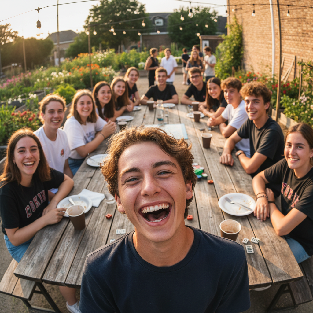 Adolescente con expresión alegre y confiada en espacio comunitario luminoso