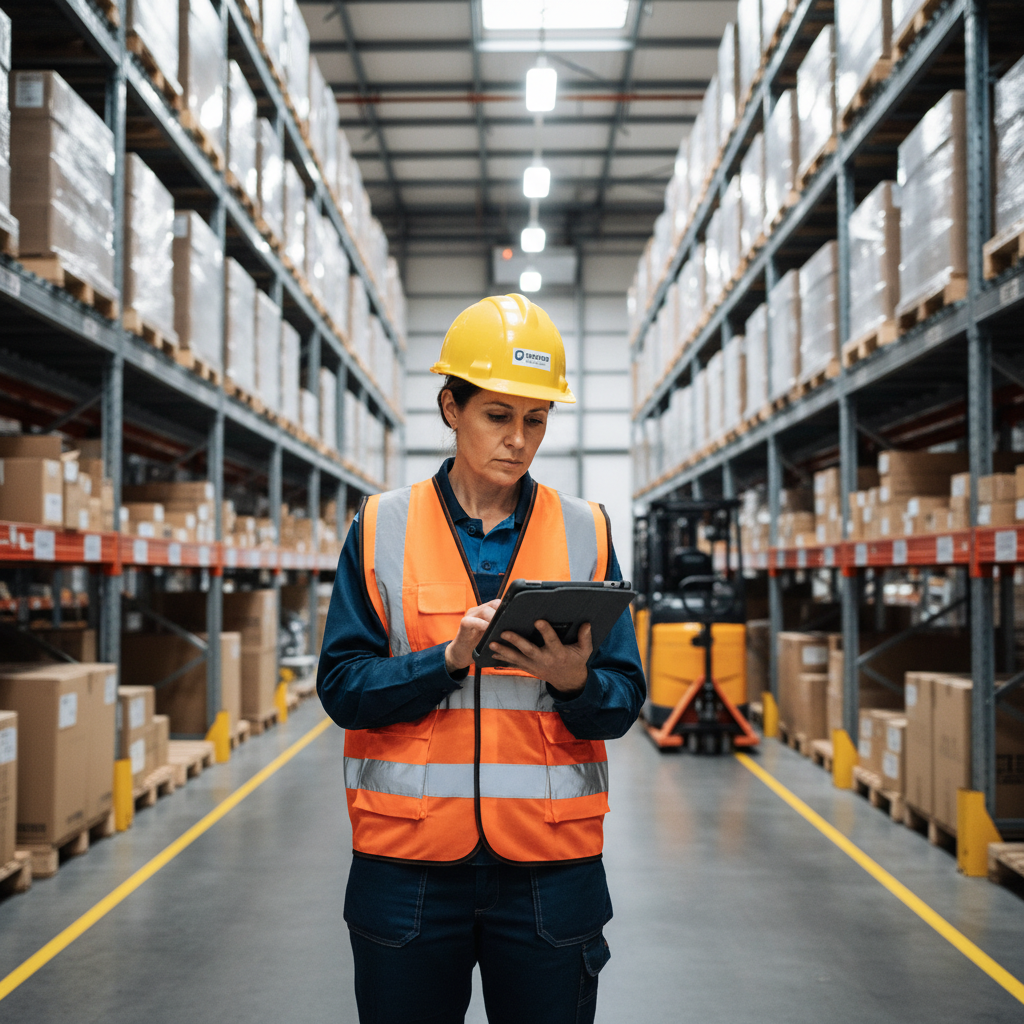 Diane Kowalczyk, a woman in her early 40s wearing a hard hat, standing in a warehouse aisle reviewing a tablet
