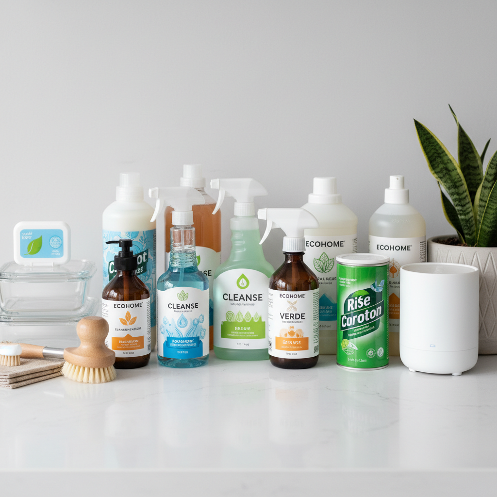 Marine cleaning chemicals and eco-friendly products in labeled containers arranged for ship maintenance operations