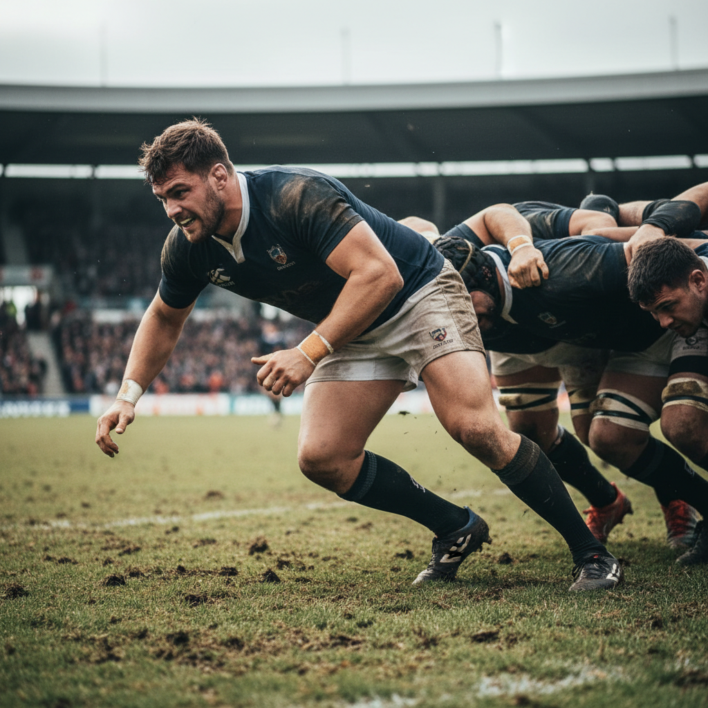 Rugby players in a scrum formation, intense physical contest on a muddy pitch
