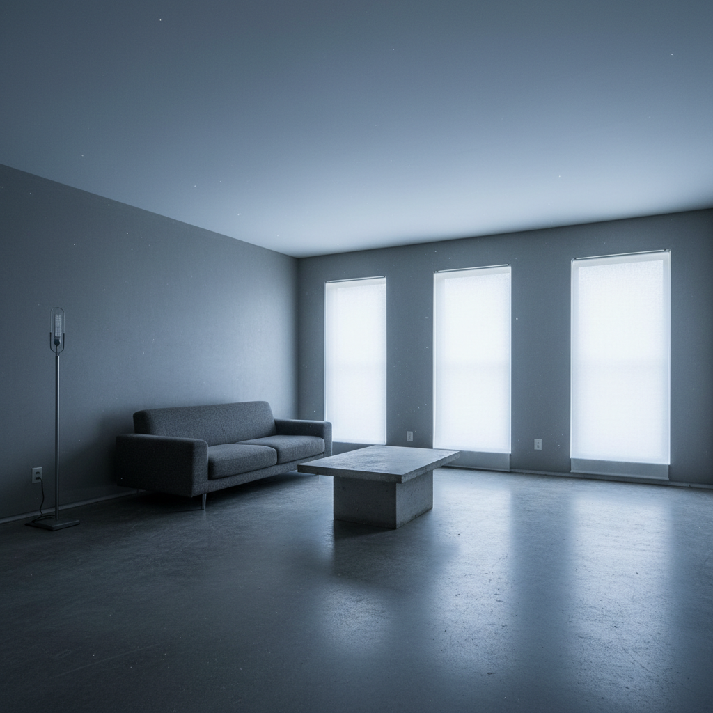 Ranch house living room with sparse furniture and no warmth