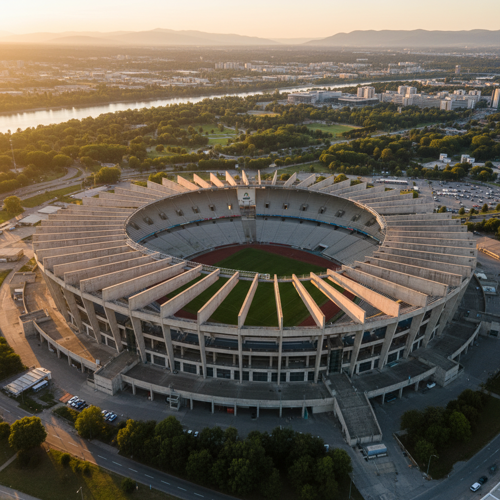 Meridian Stadium aerial view showing cantilevered concrete bowl at golden hour, Columbus Ohio