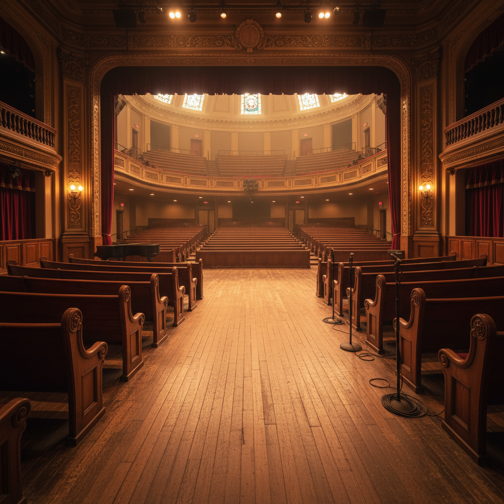 Country music stage with warm amber stage lighting, wooden venue interior, atmospheric low-key illumination