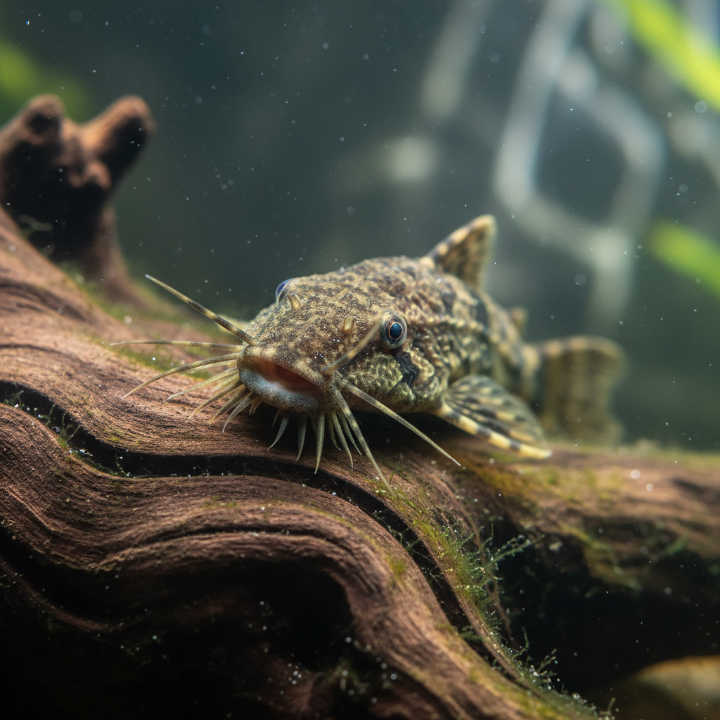 Bristlenose pleco with distinctive tentacle-like bristles clinging to aquarium driftwood