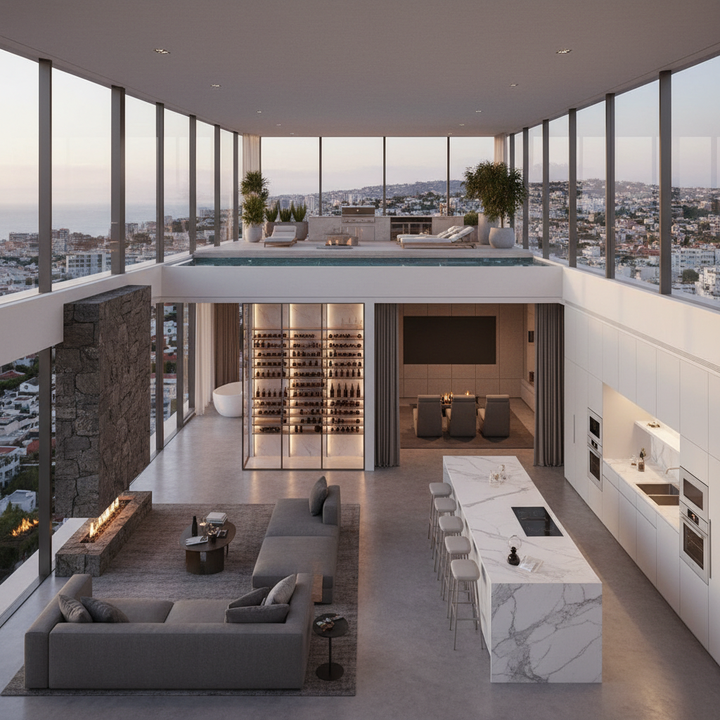 Luxury penthouse apartment with rooftop terrace, panoramic city view and premium interior design