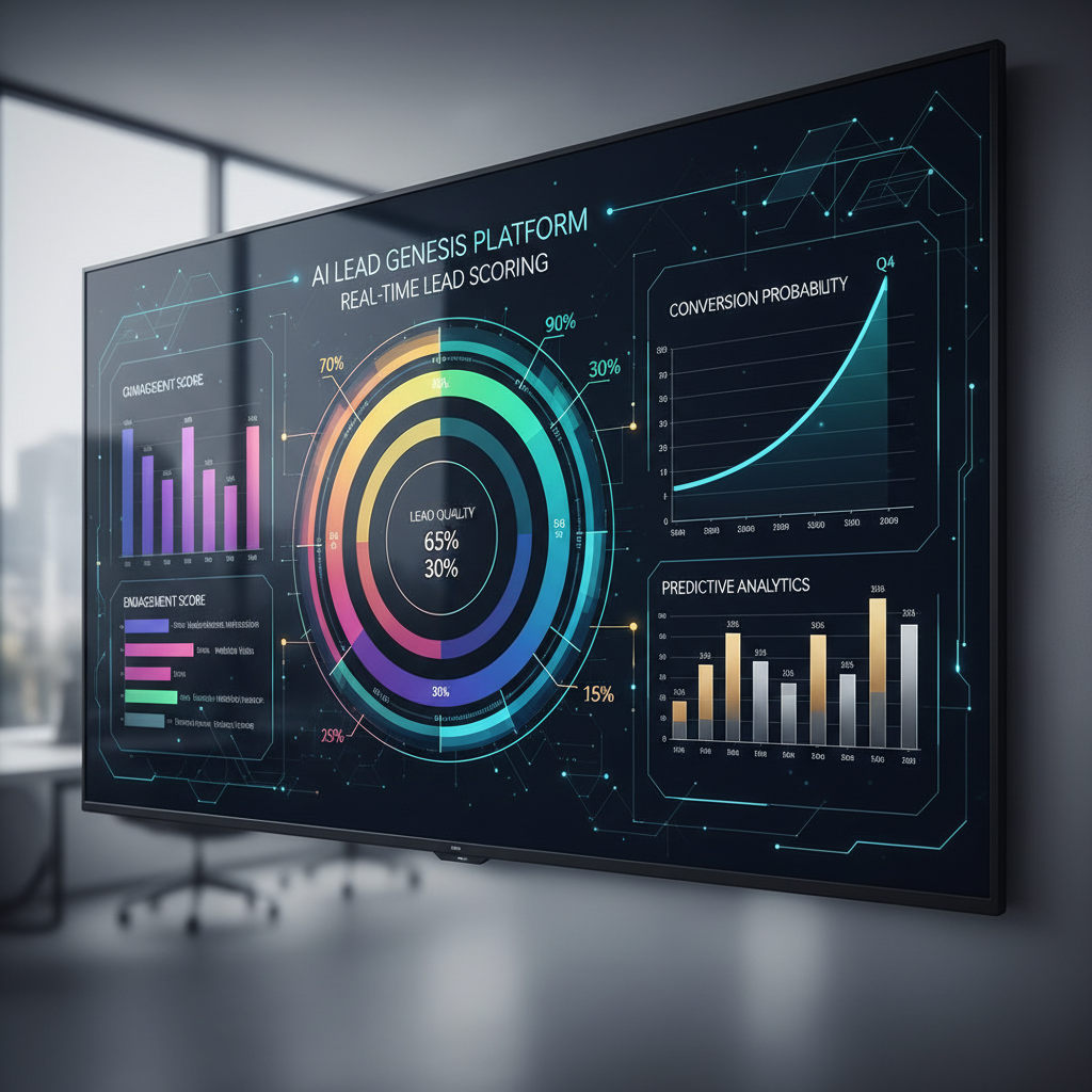 Artificial intelligence dashboard displaying lead scoring metrics with colorful data visualization and predictive analytics charts
