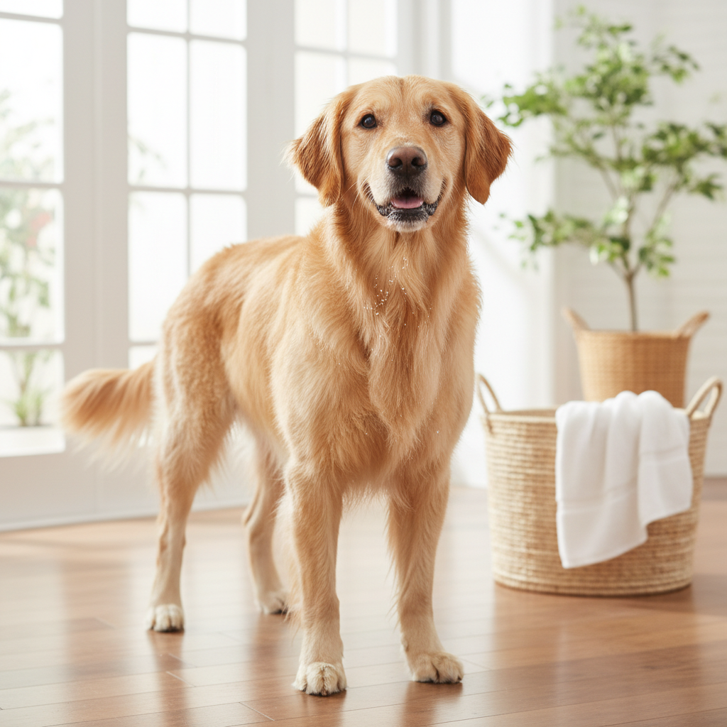 Golden retriever in bright airy environment