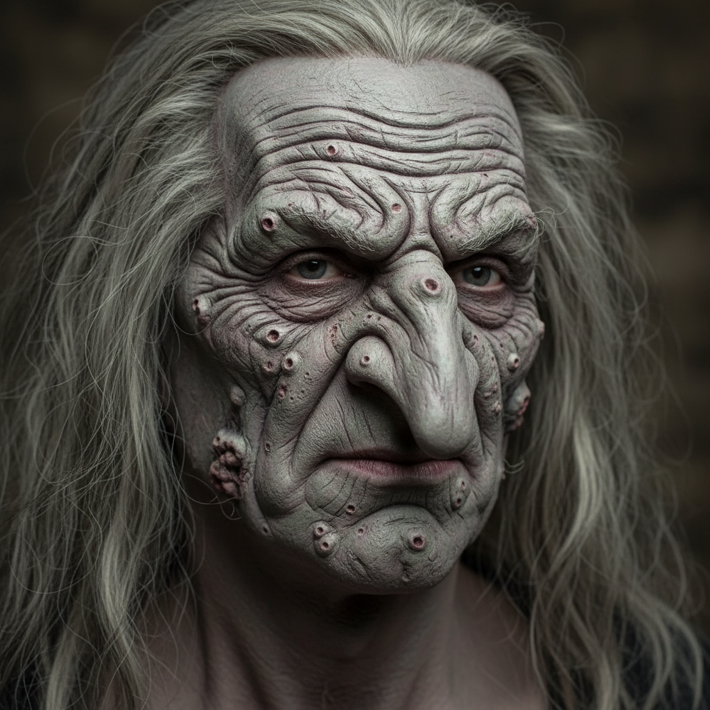Aged witch prosthetic — deep wrinkle appliances, hooked nose, wart details, grey skin tones