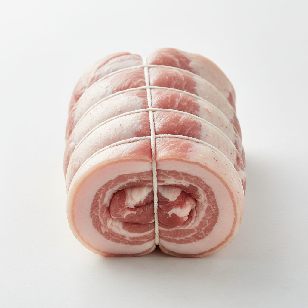 Pork belly joint tied with butchers twine, pale skin, ready for roasting