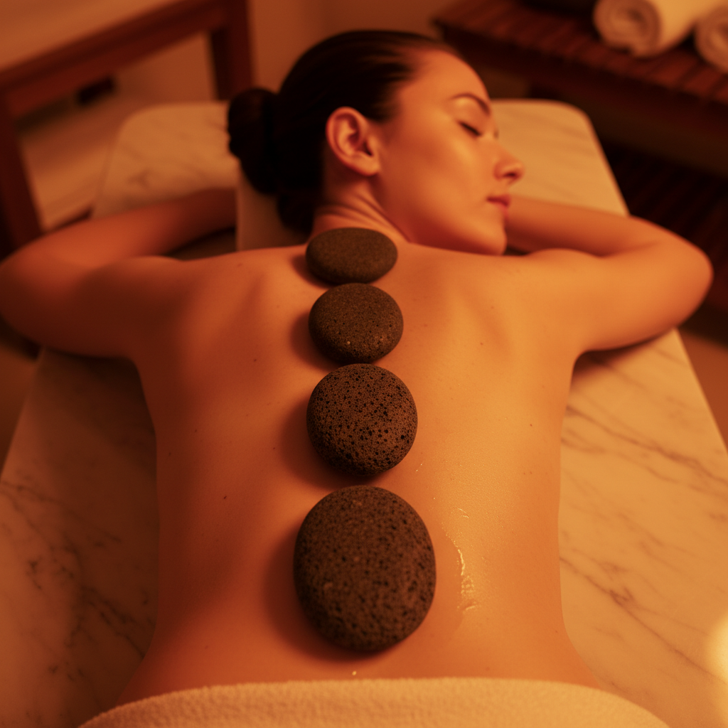Warm basalt stones and oils arranged for a hot stone massage at Veloura