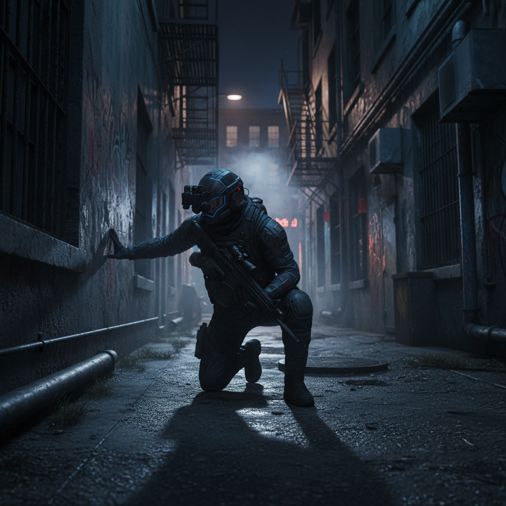 Night operation with operators moving through dark smoky urban ruins, green tinted tactical lighting, deep shadows