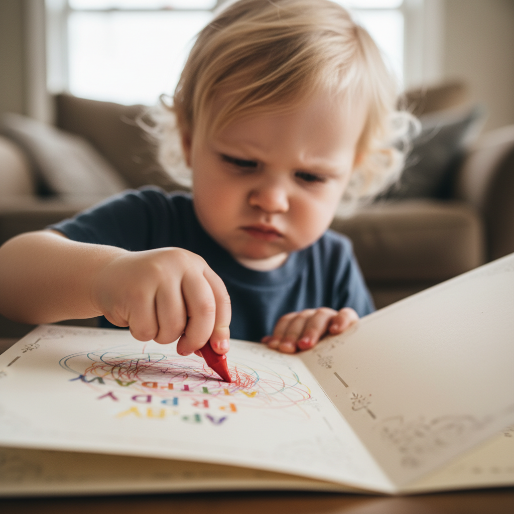 Toddler scribbling inside greeting card with fierce concentration