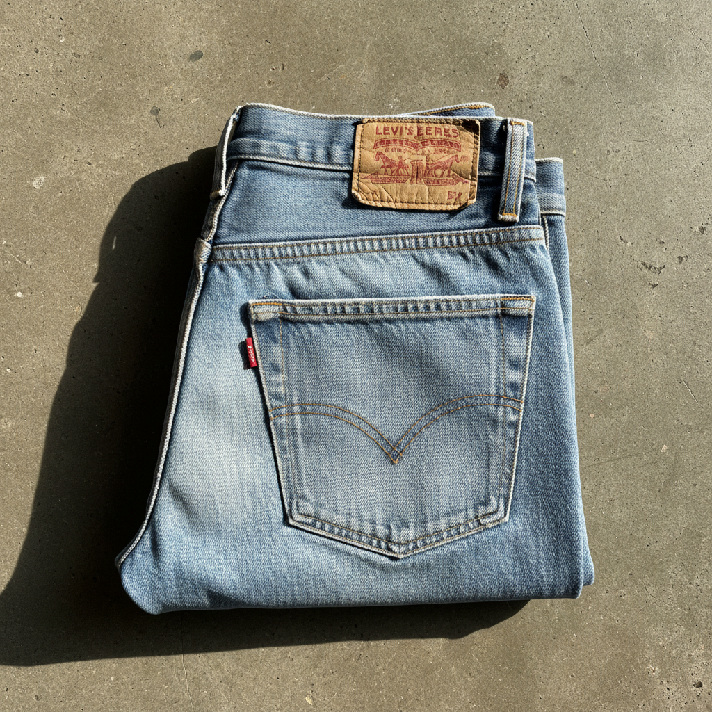 Vintage Levi 501 selvedge denim jeans folded on a wooden surface