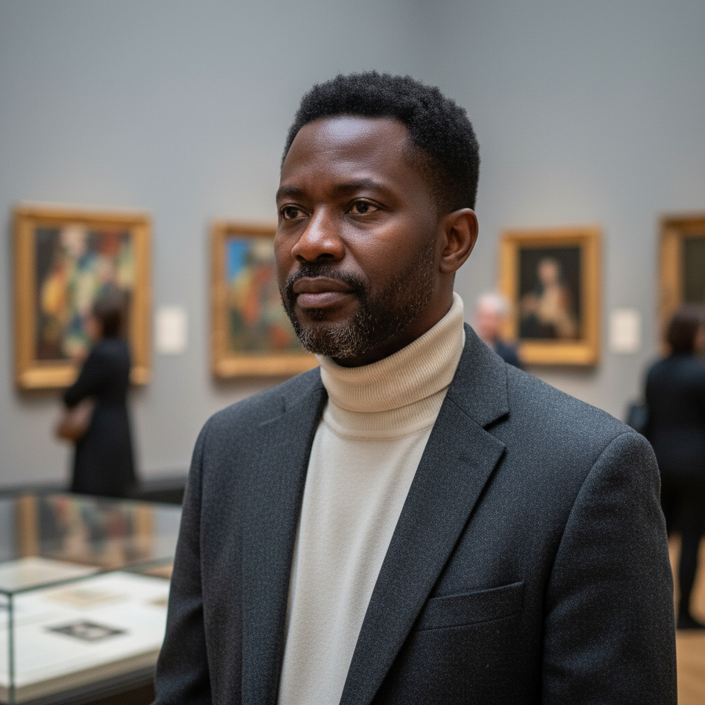Belgian man educator in his 30s, thoughtful professional expression, bright academic environment