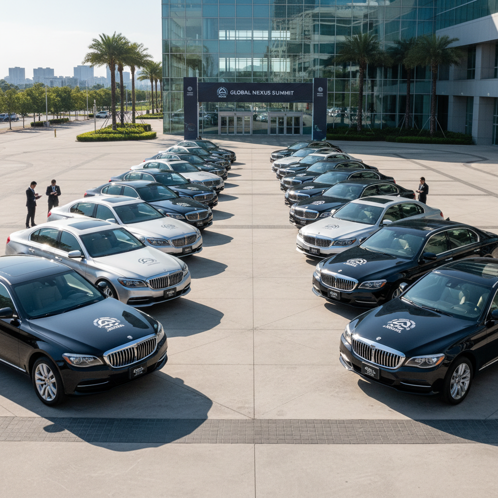 Corporate events package — fleet of black luxury sedans at a business venue with uniformed chauffeurs